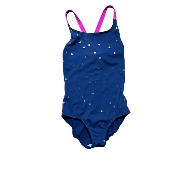 Cute Boden polka dot One Piece gold and blue with pink crisscross straps Swimsui - Picture 1 of 3